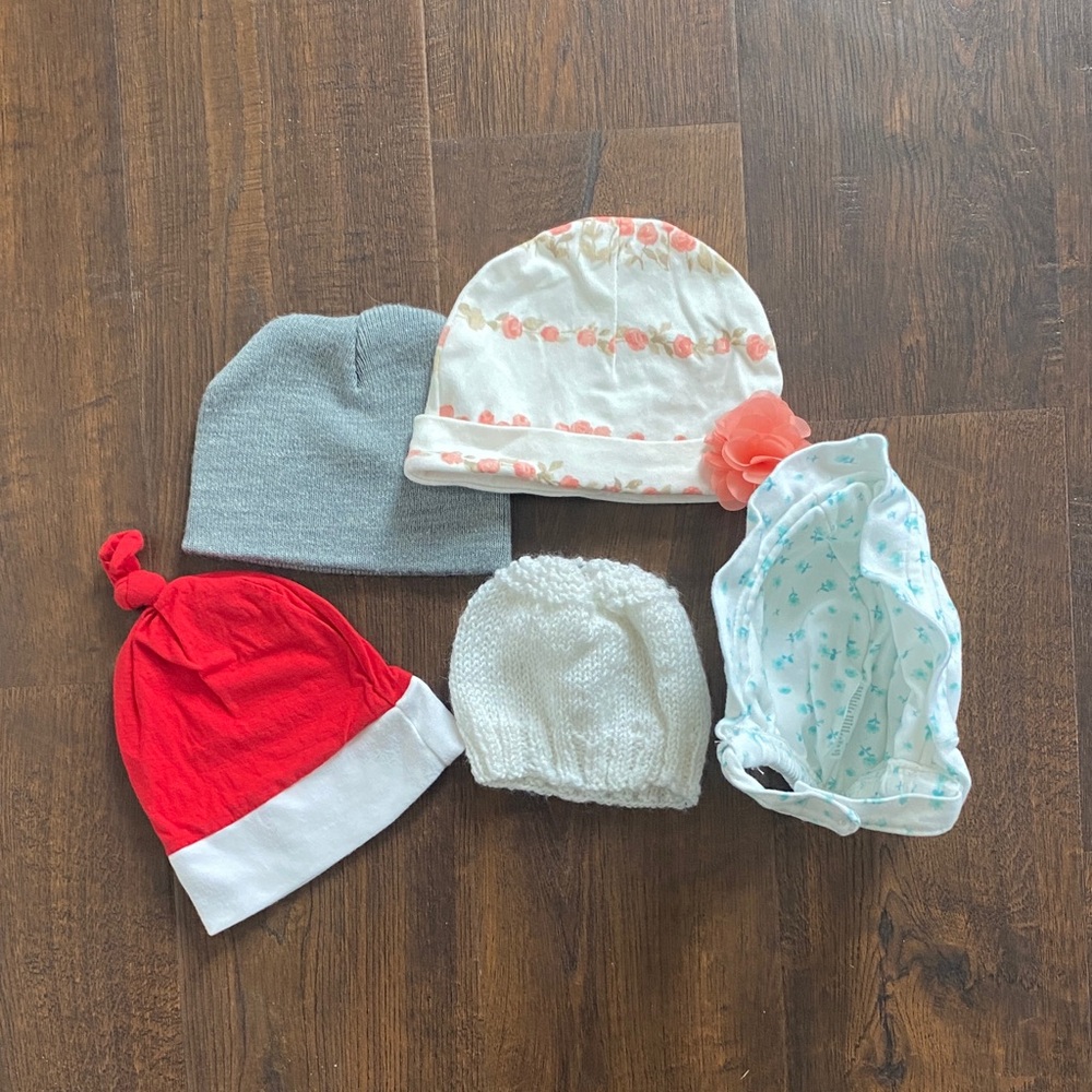 5 Assorted Baby Hat and Bonnet Set Coral, Red, Gray, White, Pink Blue Floral